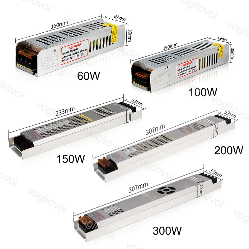 Vogliovoi светодиодный трансформатор DC12V 60W 100W 150W 200W IP20 110/220V Алюминий серебристый светодиодный драйвер Мощность адаптер для 3528 5050