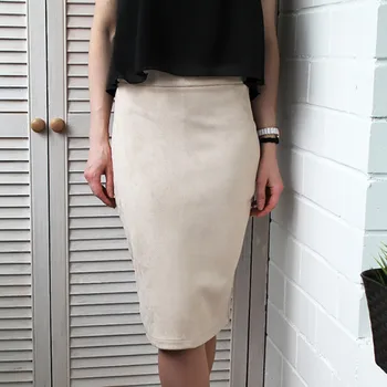 

Women Worke Office Skirts Suede Split Female Pencil Skirts Solid Empire Waist Casual Knee-Length Skirts