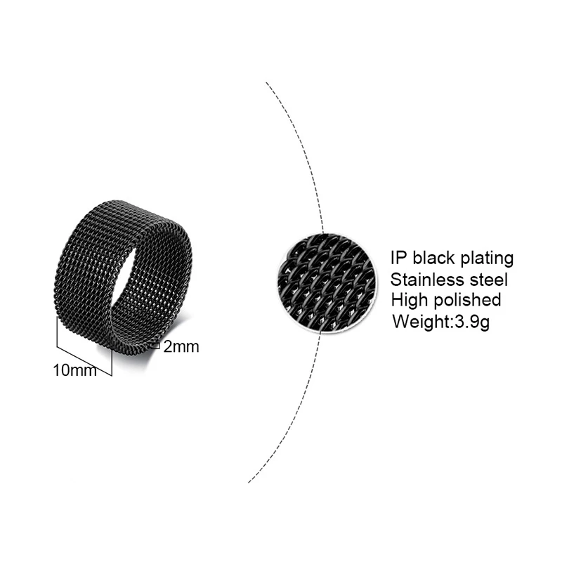Wedding Rings Round Rings Finger Rings Jewelry Rings Ring Jewelry 10mm Black Circle Woven Mesh Rings Stainless Steel Flexible Wedding Band Ring For Men Jewelry