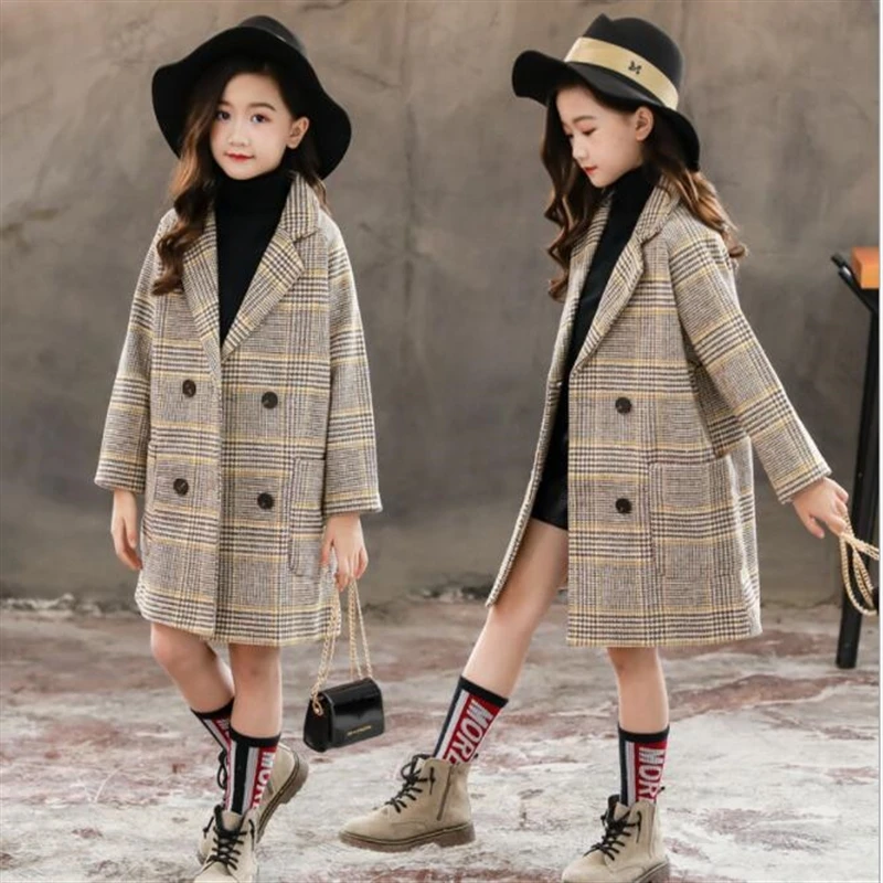 

Kids girl overcoat Winter Houndstooth wool coat for girls Teens autumn jacket warm long outerwear Children Plaid coat Windproof
