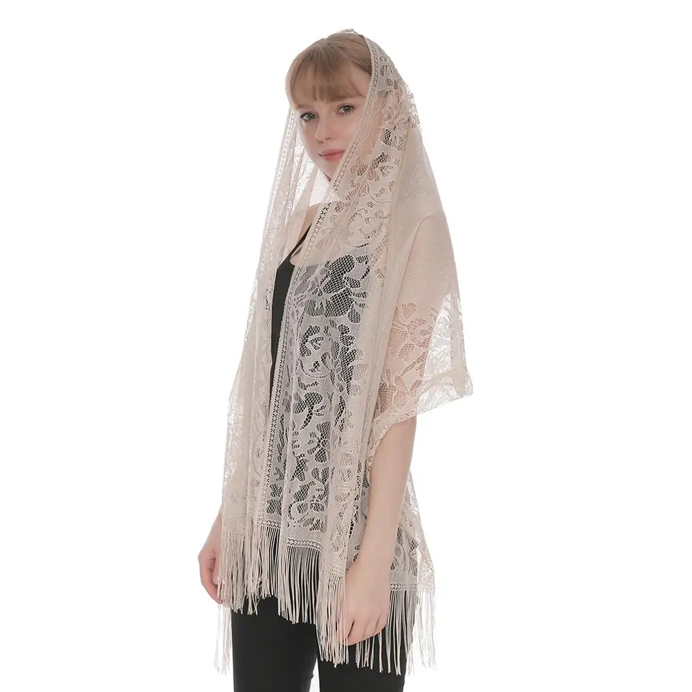 White Black Catholic Head Scarf Women Kerchief Chapel Lace Church Veil Large Size Wedding Bride Mantilla Latin Veils for Mass