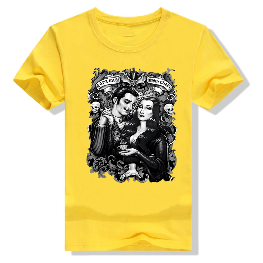 Цвет: желтый Черная футболка Cara My Mon Cher Morticia And Gomez The Addams family Horror футболка с фигурным рисунком - Цвет: Цвет: желтый