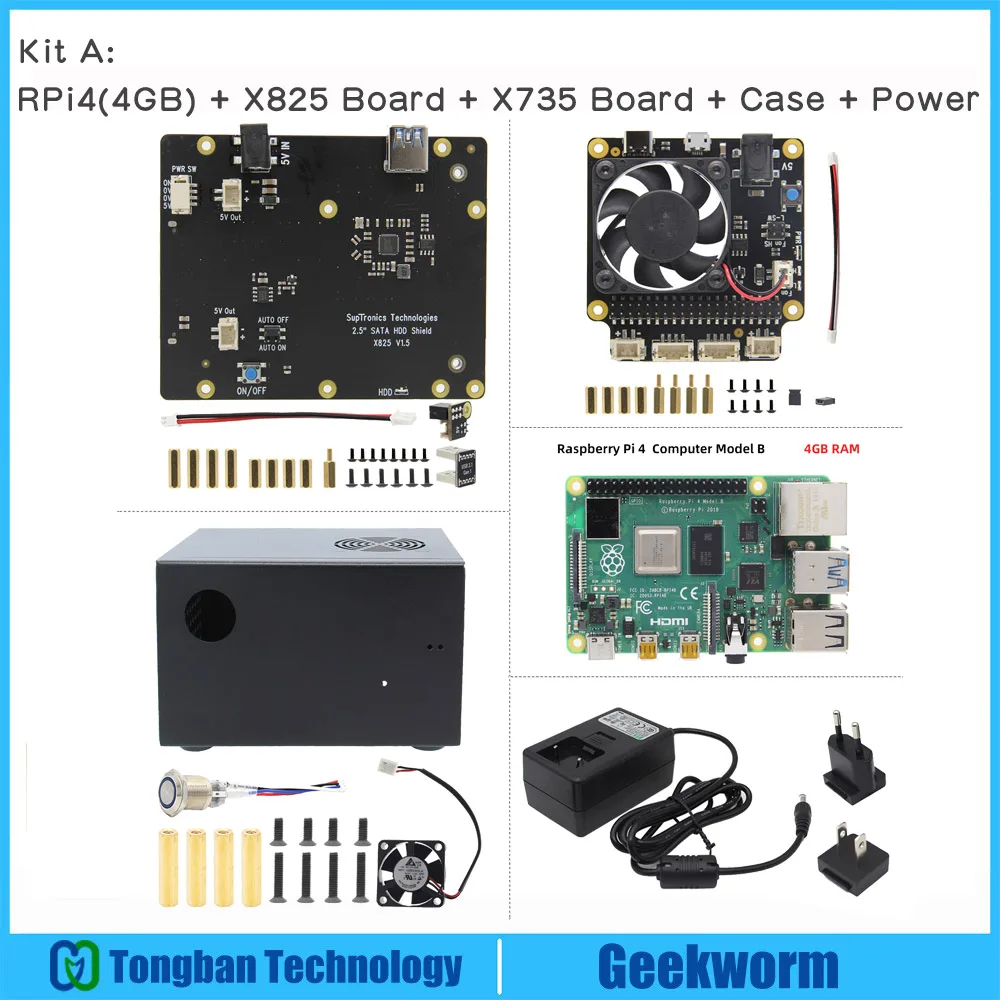 Raspberry Pi 4X825 2,5 дюймов SATA HDD/SSD плата для хранения+ X735 плата+ металлический чехол+ блок питания для Raspberry Pi 4 Модель B - Цвет: Kit-A