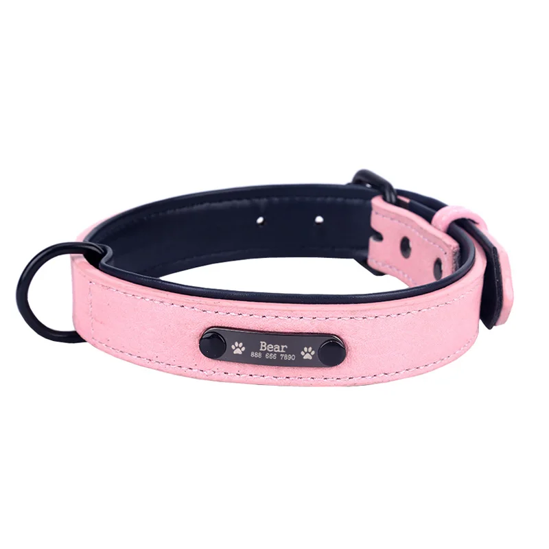 Pink Ошейники для собак, персонализированный кожаный ошейник для собак с именем, ID метки для маленьких, средних и больших собак, кожаный ошейник для собак - Цвет: Pink