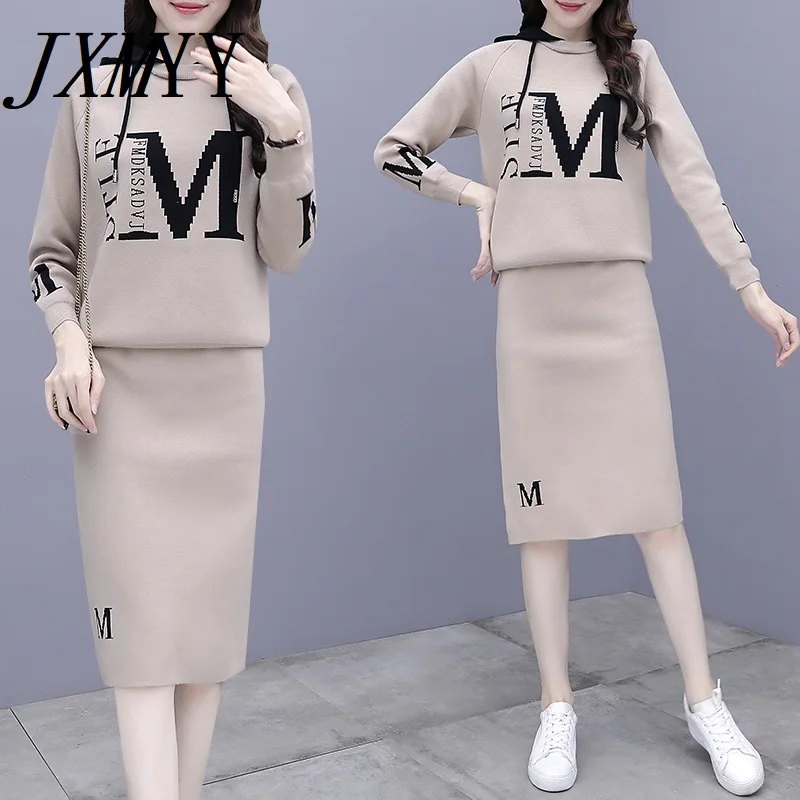 

JXMYY Sweater Suit Skirt Women Autumn And Winter 2023 New Western Style Over-The-Knee Skirt Suit Fashion Knitted Two-Piece Suit