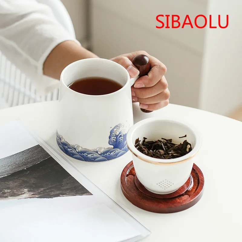 Creative Wooden Handle Water Cup Ceramic Office Cup Gift Cup Enamel Color Office Cup Tea Separation Filter Cup