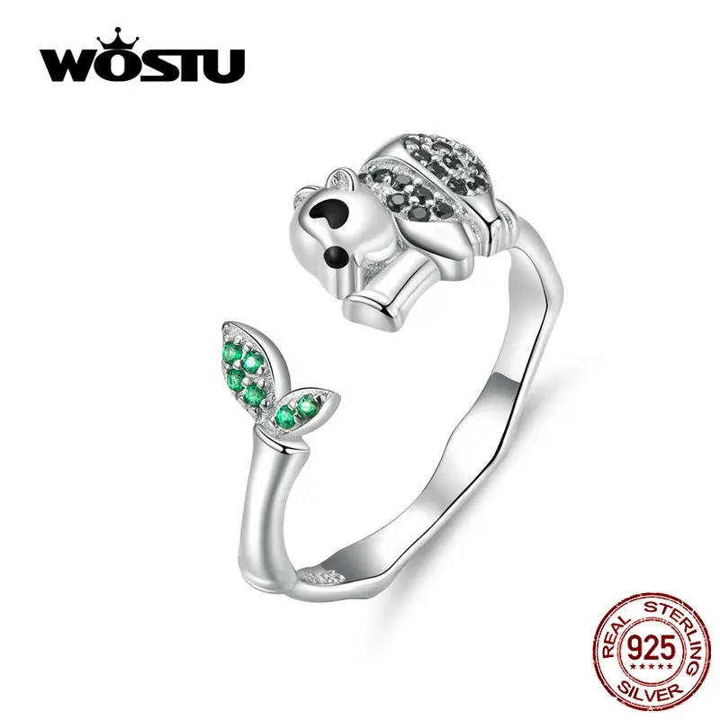 WOSTU Новое поступление Настоящее 925 пробы серебряные Регулируемые кольца новые кольца с бамбуком и пандой ювелирные изделия CTR055