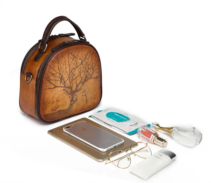 Ручная кисточка из натуральной кожи сумка женская винтажная Высококачественная натуральная кожа дизайнерская стильная сумочка с картина с оленем