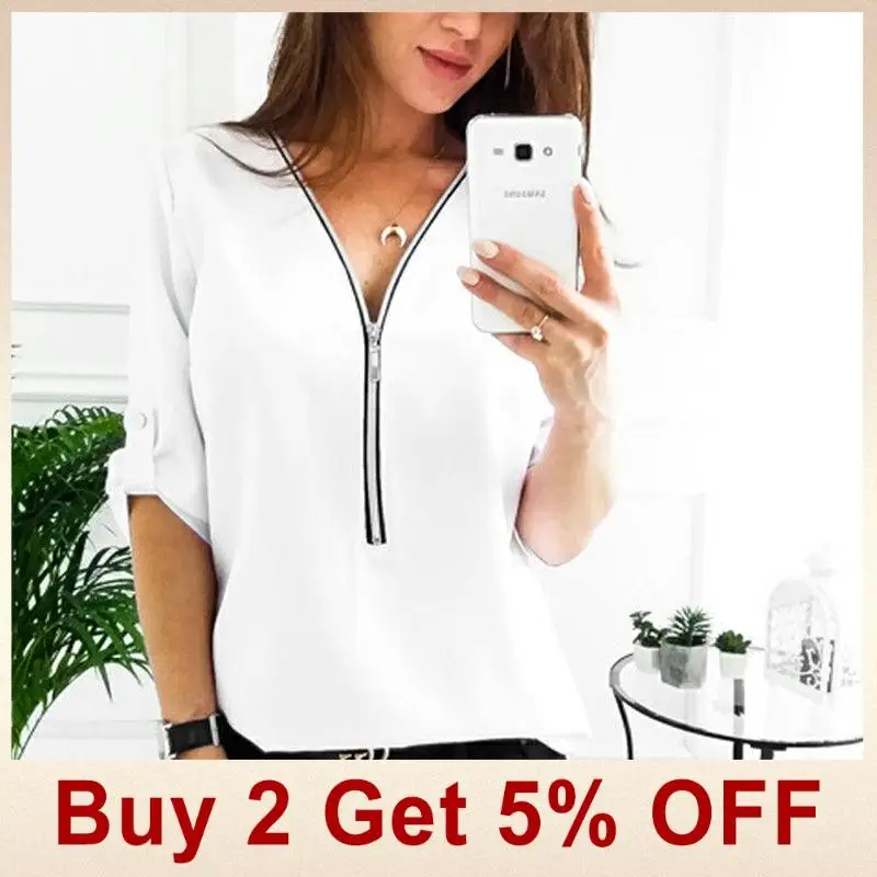 Jocoo Jolee Women Zipper Short Sleeve Shirts Womens Tops And Blouses Sexy V Neck Tee Shirts Casual Tops Female Tunic Plus Size