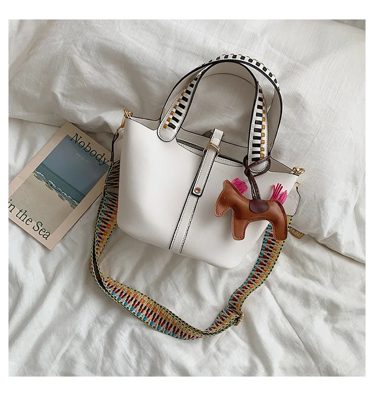 Women's Fashion Composite Bag 2pcs Female Leather Handbags Top Handle Bucket Bags Colorful Strap Crossbody Bag With Horse Tassel (41)
