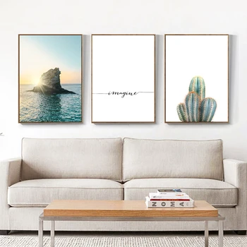 

Scandinavian Cactus Ocean Sunset Canvas Poster Nature Landscape Wall Art Print Nordic Style Painting Modern Decoration Picture