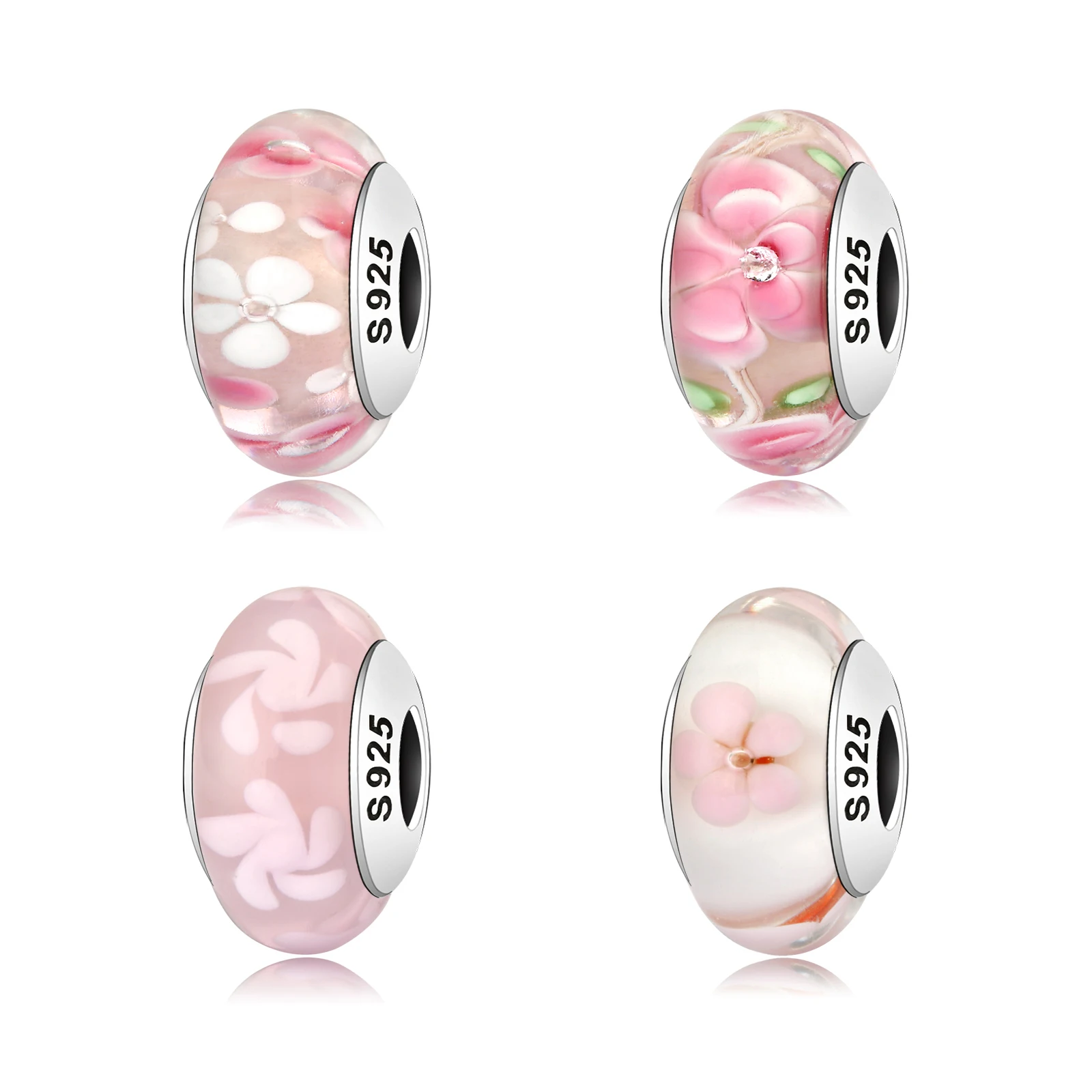 

925 Sterling Silver Pink Flower Series Murano Glass Beads Lampwork Beads fit Original Pandora DIY Beads Bracelets Jewelry Making