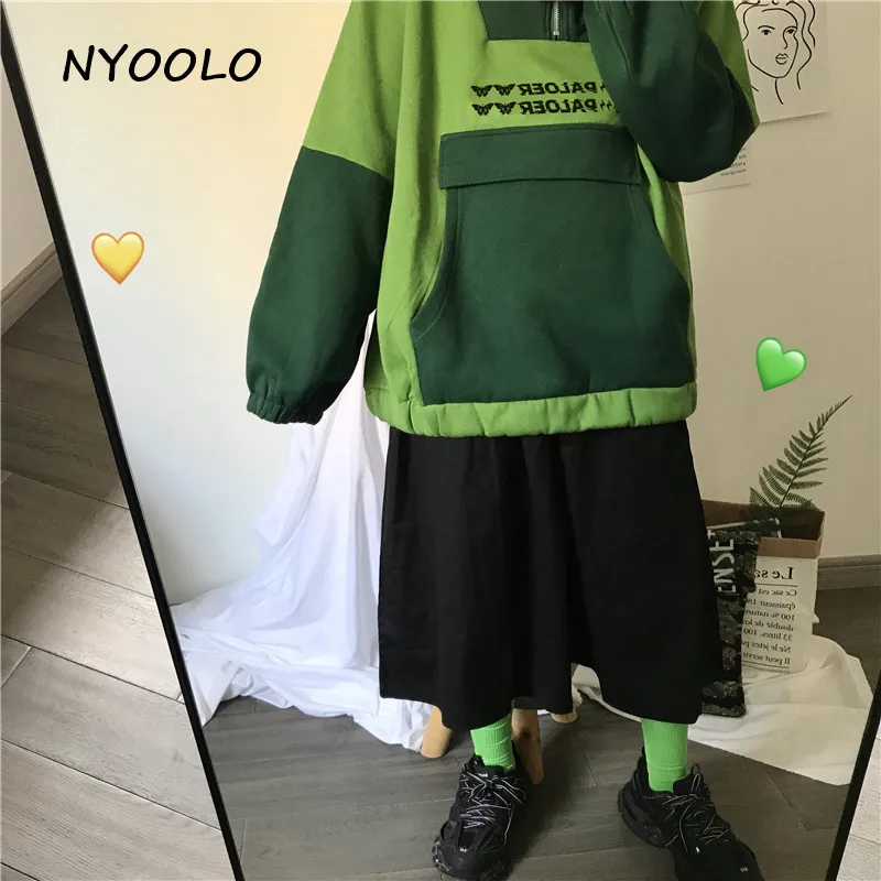 NYOOLO Харадзюку kawaii с вышитыми ушками и буквами; теплые толстовки с капюшоном в стиле пэчворк; сезон осень-зима; бархатный пуловер; Женская толстовка