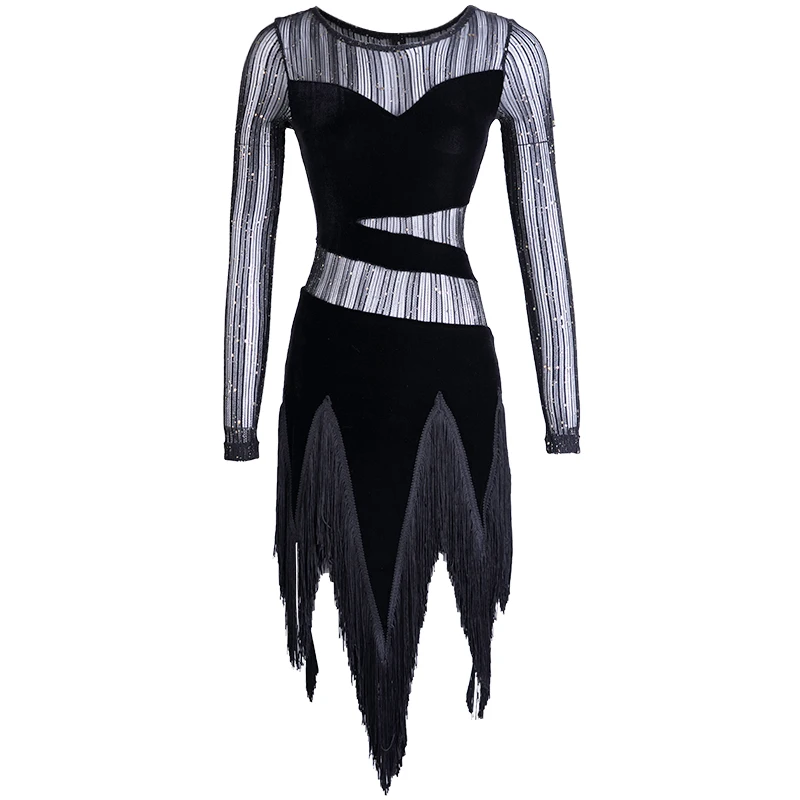Black Fringe Одежда для латинских танцев, новое женское бархатное платье с длинным рукавом, платье с бахромой, платье для сальсы, выступлений, платья для латинских танцев, танцевальное платье для соревнований BL2603 - Цвет: Black Fringe