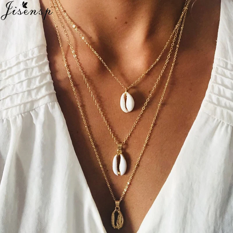 

Jisensp Bohemian Three Layers of Shell Pendant Necklace Natural Gold Shell Cowrie Women Necklace Jewelry Girls Travel Gift joias