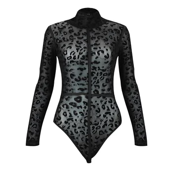 

2020 Women's Bodycon Jumpsuit with Turtle Neck Transparent Leopard Print Long Sleeve Sexy Romper and Overalls