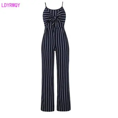 2020 spring and autumn new European and American women's fashion sexy striped sling wide leg long jumpsuit  Bow  Chiffon