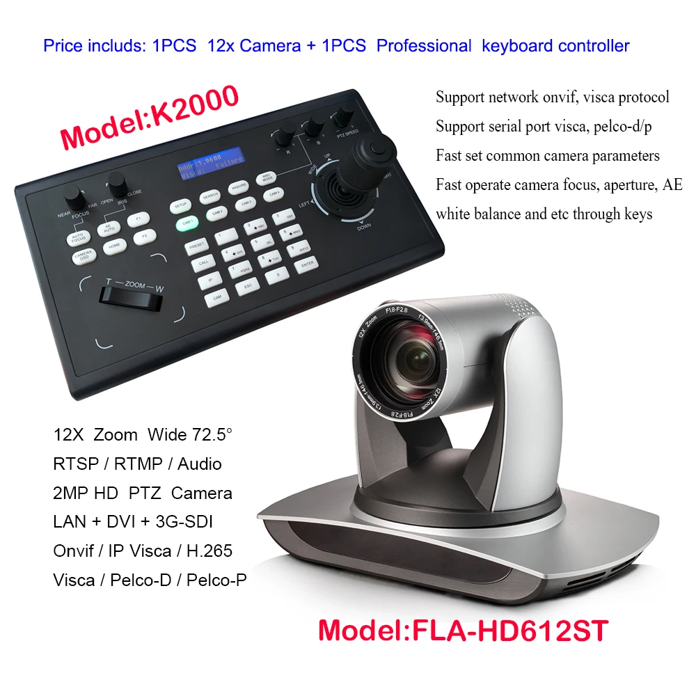 3G-SDI broadcast Color Video Conference PAN TILT ZOOM VISCA Camera 12x Zoom Live Streaming Web IP+ Remote Controller Keyboard