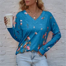 

2022 Spring Autumn Women's Flower Print Top Loose Long-Sleeve V Neck T-Shirt Ladies Casual Vintage Pullover All-Match T-Shirt