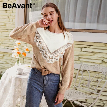 

BeAvant Elegant impact color lace white jumper O-neck shoulder drop hairy pullover Casual home soft autumn winter sweater ladies