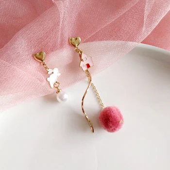 

New Bunny love autumn and winter hair ball asymmetric temperament pearl girl long earrings for women