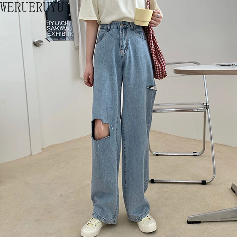 

WERUERUYU 2020 New Autumn Vintage Jeans Woman Long Trousers Cowboy Female Loose Streetwear High-rise Ripped