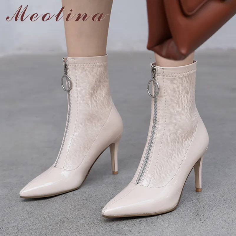 

Meotina Autumn Ankle Boots Women Patent Leather Stiletto Heels Short Boots Zipper Extreme High Heel Shoes Female 2019 Size 34-39