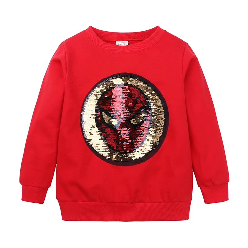 Хлопковый свитер с круглым вырезом и блестками для маленьких мальчиков с изображением Человека-паука; детская спортивная модная одежда; RQ-432 одежды