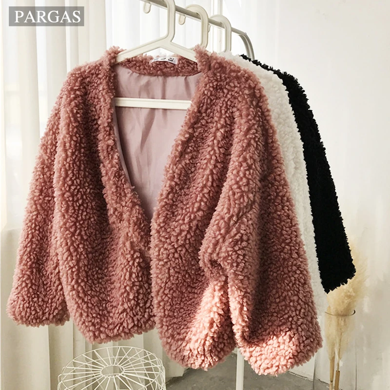 

2019 Winter Wool Overcoat Warm Outerwear Women Faux Fur Coat thick Collar Long Sleeve Cardigan Female Outwear
