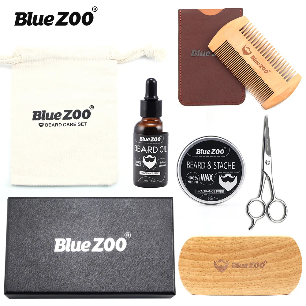 Bluezoo Набор из 7 предметов, набор для бороды, масло для бороды, воск, двухсторонняя расческа, сумка, маленькие ножницы, масляная щетка, увлажняющий комплект для бороды