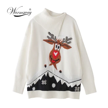 

Women pullover White Autumn Winter Loose Casual Elk Cartoon Christmas Sweaters Half-open Turtleneck Split Knitted Jumper CY-038