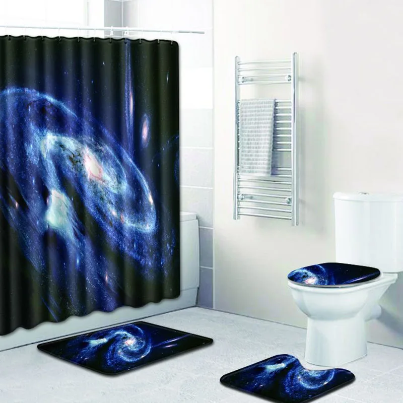 

4pcs/set Modern Starry Sky Print Polyester Shower Curtain Bathroom Waterproof Pedestal Rug Lid Toilet Cover Mat Bath Mat Hooks