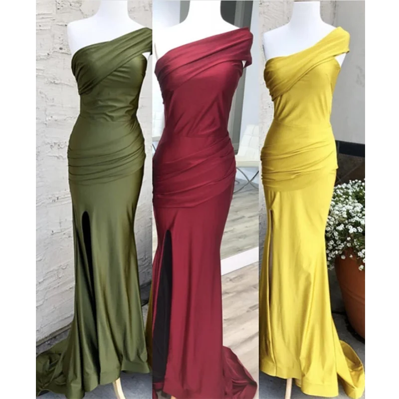 HWTX_Bridal, новинка, платья подружки невесты на одно плечо, сексуальные разрезы, длинное платье русалки для свадебной вечеринки, vestidos de fiesta de noche