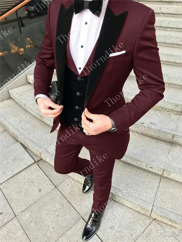 Purple Three Pieces Groom Suit Custom Made Tuxedos For Men Groomsman Bridegroom Wedding Best Man Suits( jacket+Pants+vest - Цвет: Burgundy