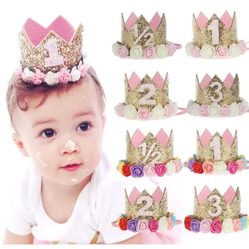 

1pcs 1 2 3 Birthday Caps Flower Crown 1st Birthday Hat Newborn Baby Birthday Headband 1 Year Birthday Party Decorations