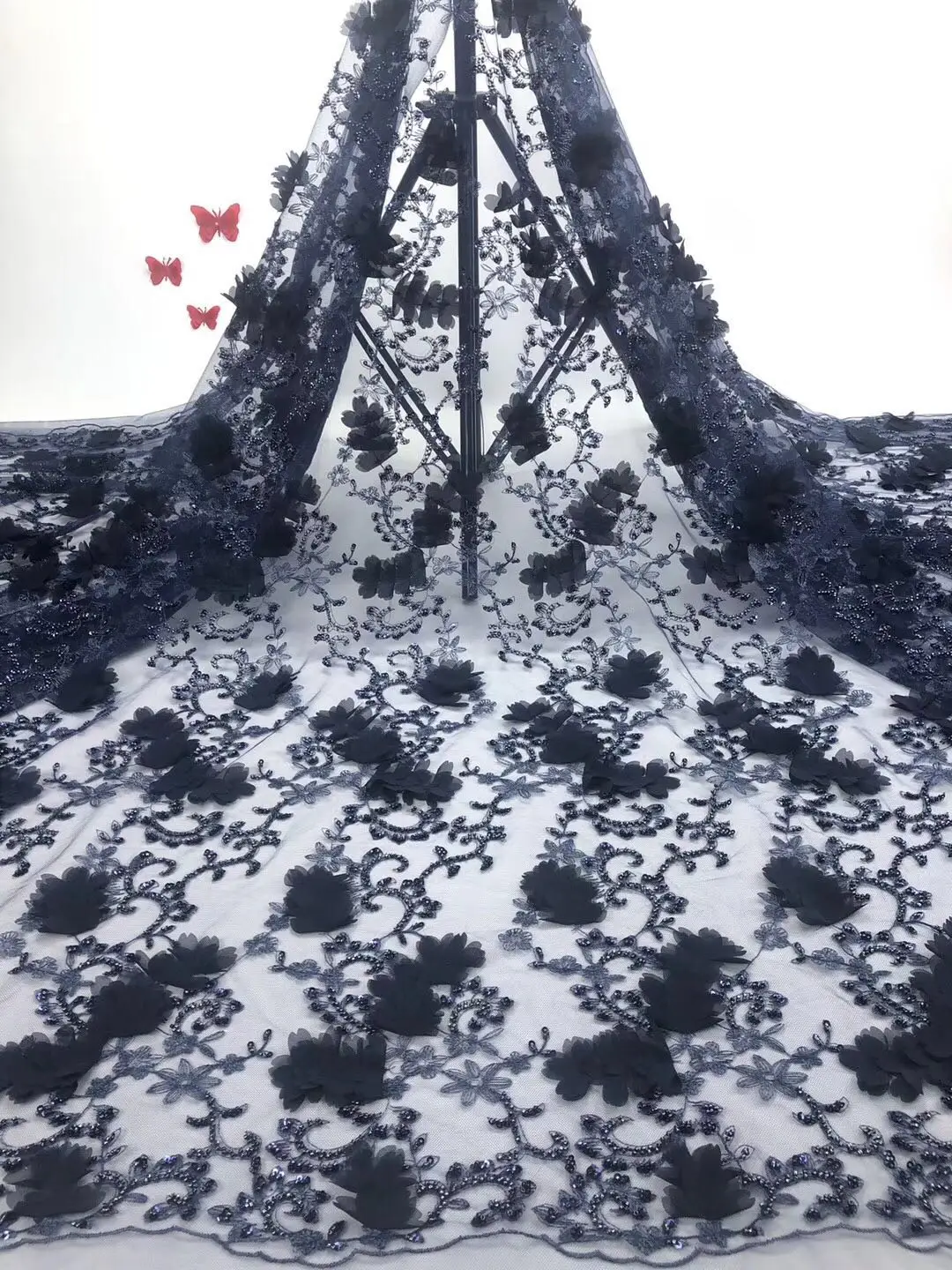 

French Lace Fabric 3D Flower Embroidery African Tulle Lace Fabric With Beads African Lace Fabric Wedding Dress FJ3298