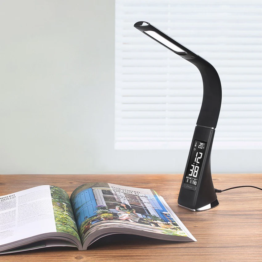 Светодиодный настольный светильник с защитой глаз, USB лампа для чтения с сенсорным управлением с термометром, часы, 3 уровня яркости вращения 360 градусов