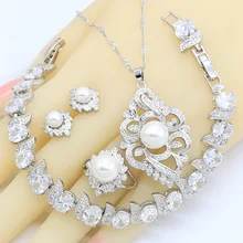 Жемчужные серебряные Ювелирные наборы для женские серьги кольца ожерелье кулон браслет из белого циркония