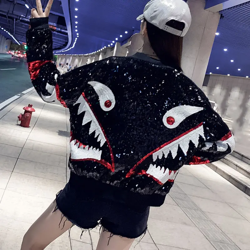 HG Harajuku стильная женская куртка с пайетками, с рисунками из мультфильмов, Брендовое пальто, женская модная уличная одежда на молнии, осенняя Новинка XJ2653