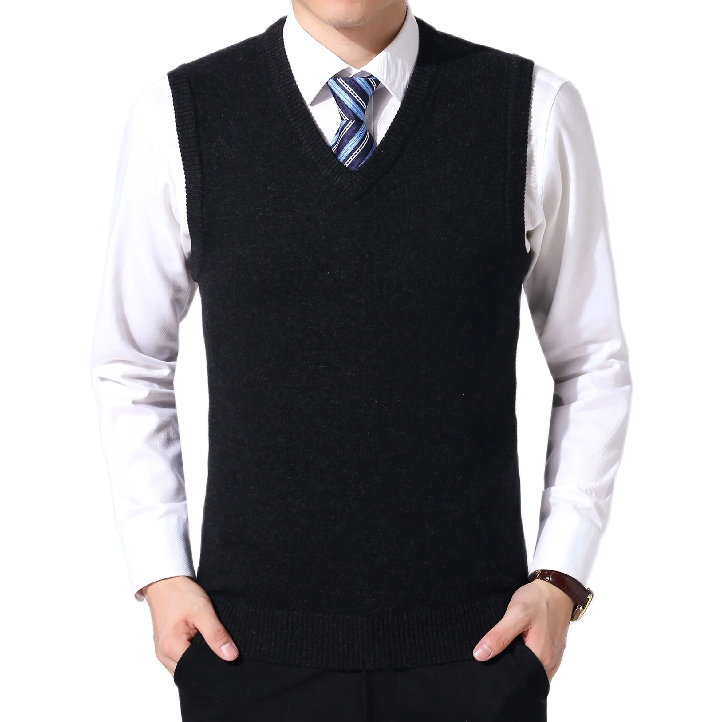 Sweater Vest Mens Classic Solid Color V Neck Sleeveless Pullover Male
