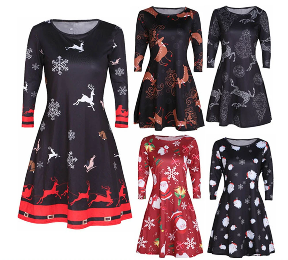 Billig Frauen Weihnachten frauen Kleid Schneemann Schnee Rentier Langarm Weihnachten Party A Line Mini Kleid Plus Größe S XL