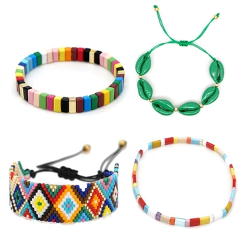 

4Pcs Bohemian Elastic Stretch Colorful Tile Enamel Shell Bracelets Kit Stackable Enamel Rainbow Charm Bracelet Jewelry
