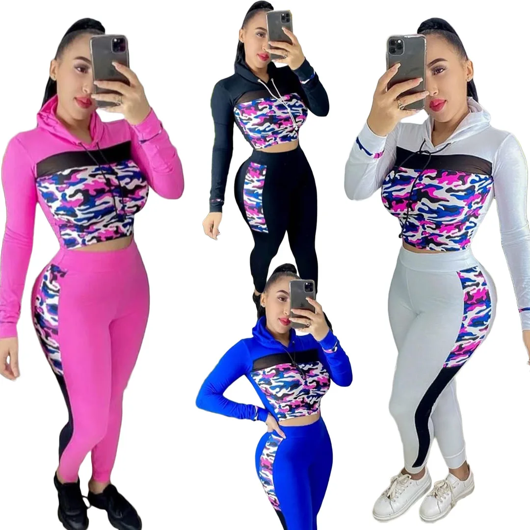 

Echoine Women Two Piece Set Camouflage Printed Hooded Sweatshirt High Waist Matching Set Skinny Sweatpants Jogger Suit Tracksuit