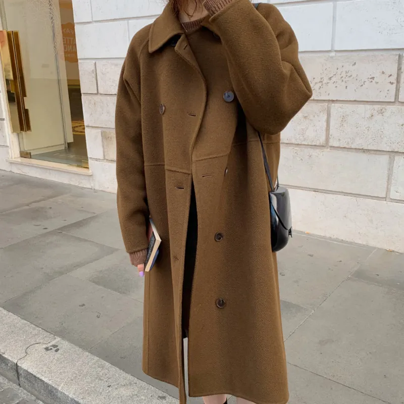 Женское зимнее плотное коричневое пальто с отложным воротником, очень длинное шерстяное пальто, двубортное хлопковое пальто, элегантный кардиган, куртка, верхняя одежда