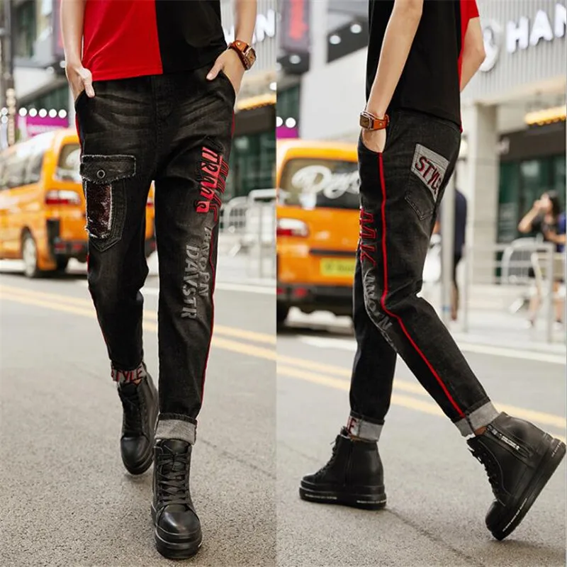 

2019 summer thin section plus size loose slim trousers female letter printing elastic waist Sequin harem pants