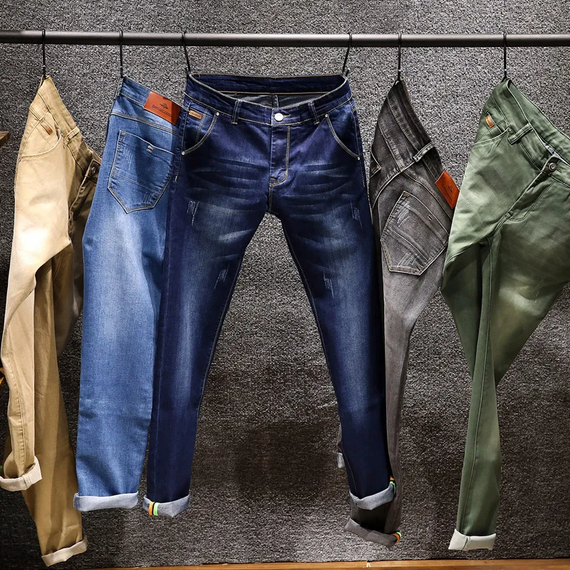 Kaufen Dünne Jeans Männer 2019 Mode Stretch Jeans Casual Biker Grün Denim Hosen Jeans Slim Fit Schwarz Blau Cowboy Männlichen Jeans hosen