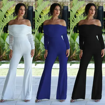 

New Hot Sale Women Long Mesh Sleeve Off Shoulder Jumpsuits Bodycon Overalls Solid Romper Jumpsuits Fashion Ladies Party Clubwear