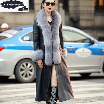 Kaufen Luxus Fuchs Pelz Kragen Schaffell Mantel Frauen Marke Elegante Echt Leder Lange Jacken Weibliche Winter Streetwear Büro Mantel