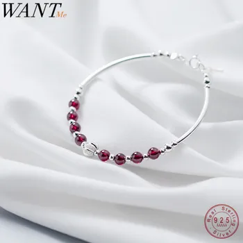 

WANTME Hot Natural Garnet Bead Charm Bracelets&Bangles for Women Real 100% 925 Sterling Silver Party Wedding Jewelry Accessories
