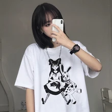 Muñeca de trapo de terror de verano japonés punk oscuro para mujer, divertida, holgada, de gran tamaño, de dibujos animados Vintage Harajuku ins, camisetas de hip hop Ulzzang